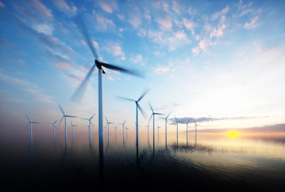 Image of a wind farm at sunset.