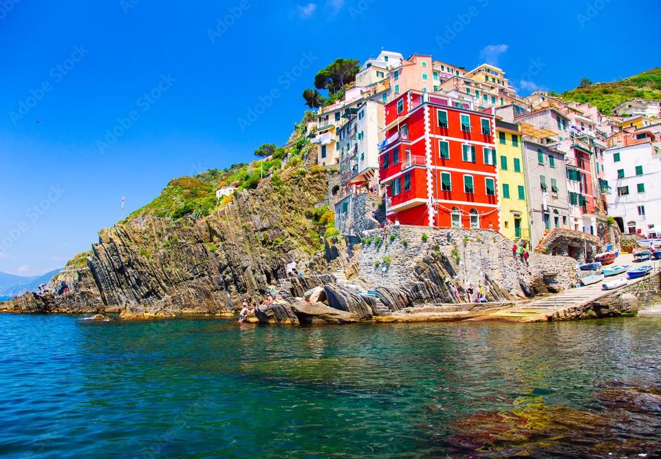 Image showing the coastal view of Riomaggiore, a village in the Cinque Terre of Italy.